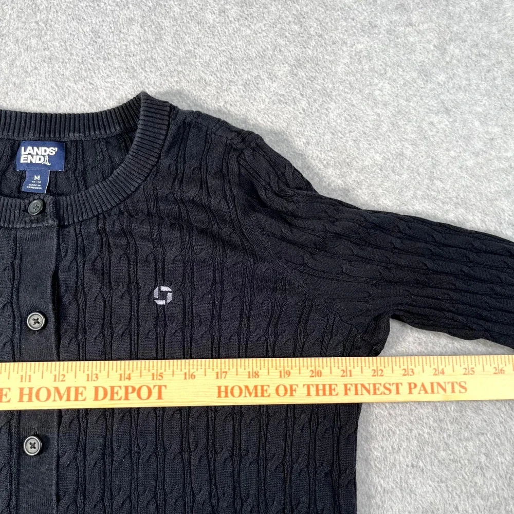 Lands' End Cardigan Sweater Kids M (10-12) Black Cable Knit Cotton Button Front